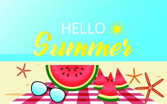 Hello Summer vector banner design with picnic cloth in beach sand, under the sun, seaside, watermelon, sunglasses, starfish beach elements in sky blue beach background.