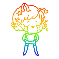 rainbow gradient line drawing cartoon crying alien girl