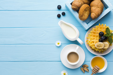 Flat lay breakfast table with copyspace