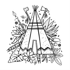 Native American tipi with succulents, plants and weapons on background. Vector hand drawn outline doodle sketch illustration © Alexandra