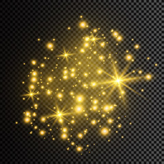 The dust is yellow. yellow sparks and golden stars shine with special light. Vector sparkles on a transparent background. Christmas light effect. Sparkling magical dust particles.