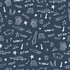 Materiał do szycia Seamless pattern of Fathers day. Hand drawn icons set on dark blue background. Vector.