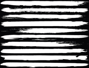 Collection of brush strokes grunge style. Abstract traces from the rollers. White stripes on a black background. Vector abstract elements.