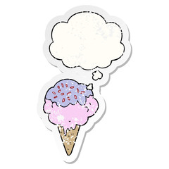 cartoon ice cream and thought bubble as a distressed worn sticker
