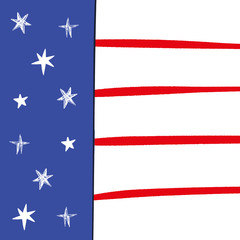 Hand drawn american flag patriotic background. United States postcard. Independence day design template. Stars and stripes backdrop. Congrats, 4th of July.