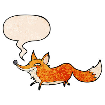cute cartoon sly fox and speech bubble in retro texture style