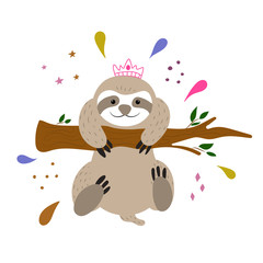 Cute cartoon sloth. Great design element for kids apparel, sticker, nursery decoration, poster. Hand drawn vector illustration.