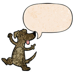 cartoon dancing dog and speech bubble in retro texture style