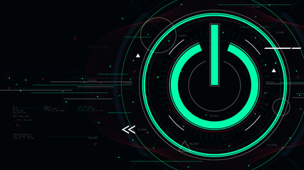 Tech futuristic technology background with power button, start icon sci-fi vector illustration