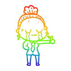rainbow gradient line drawing cartoon old woman crying