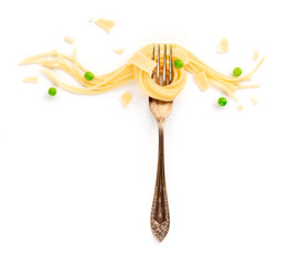 Italian pasta design. A fork with spaghetti, green peas, and parmesan cheese, shot from the top on a white background with a place for text