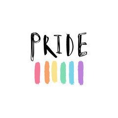 Pride lettering. Hand drawn crayons rainbow art, LGBT flag, Print for poster, cards, t-shirts and more. Vector.
