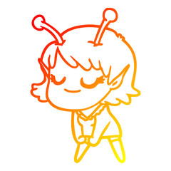 warm gradient line drawing smiling alien girl cartoon