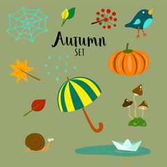 Autumn vector set consisting of umbrella, raindrops, paper boat on the puddle, bird, leaves, mushrooms, pumpkin, snail, and spiderweb. Flat cartoon style.