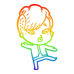 rainbow gradient line drawing cartoon surprised girl in science fiction clothes