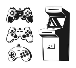 Vector image. Illustration of a logo, emblem, company element. Game design, old, retro, vintage arcades. Arcade machine slot machine board games