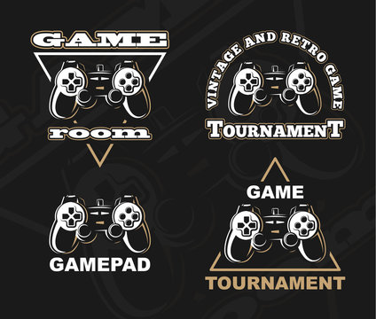 Vector gamepad logo. Game design, old, retro, vintage arcades, in monochrome style. Sign, banner, emblem of the tournament. Logo of video games. Computer Club.