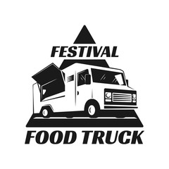 Vector logo in monochrome style. Black and white illustration on the theme of private business. Family business. Food truck. Fast food, a car with food. Vegetable groceries. Image for logo, emblem.