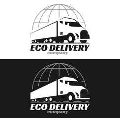 Vector eco truck logo. Emblem, banner, logotype of the logistics center, eco delivery, freight, heavy cargo. Black and white color. Monochrome style.