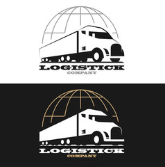 Vector eco truck logo. Emblem, banner, logotype of the logistics center, eco delivery, freight, heavy cargo. Black and white color. Monochrome style.