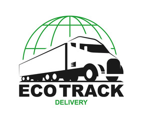 Vector eco truck logo. Emblem, banner, logotype of the logistics center, eco delivery, freight, heavy cargo. Black and white color. Monochrome style.