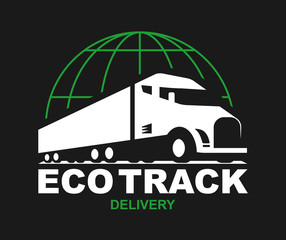 Vector eco truck logo. Emblem, banner, logotype of the logistics center, eco delivery, freight, heavy cargo. Black and white color. Monochrome style.