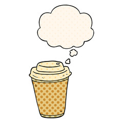 cartoon takeout coffee cup and thought bubble in comic book style