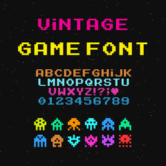 Set of vector letters in retro style. Game design. Font of old games. 8 bit letters and numbers vector alphabet.