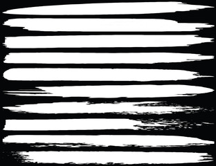 Collection of brush strokes grunge style. Abstract traces from the rollers. White stripes on a black background. Vector abstract elements.