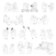 Set of contour monochrome images thick man and woman in different life situations