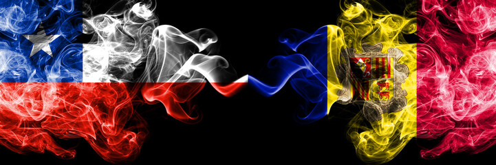 Chile vs Andorra, Andorran smoky mystic flags placed side by side. Thick colored silky smokes combination of Andorra, Andorran and Chilean flag