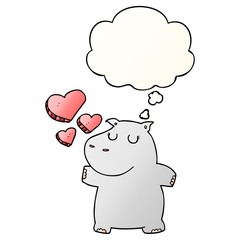 cartoon hippo in love and thought bubble in smooth gradient style