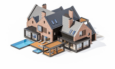 3d rendering of modern cozy clinker house on the ponds with garage and pool for sale or rent. Isolated on white