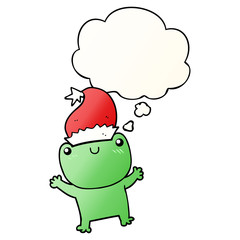 cute cartoon frog wearing christmas hat and thought bubble in smooth gradient style