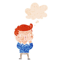 cartoon laughing boy and thought bubble in retro textured style