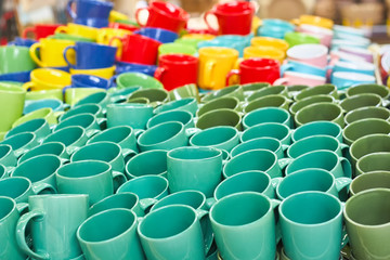 Obraz premium Many colorful empty ceramic cups.