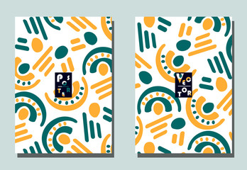 Cover with graphic elements - abstract shapes. Two modern vector flyers in avant-garde  style. Geometric wallpaper for business brochure, cover design.
