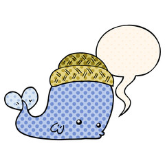 cartoon whale wearing hat and speech bubble in comic book style
