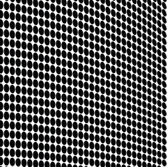 Halftone abstract waves of black dots on white background.