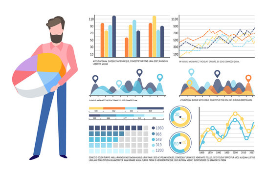 Analysis of data, visualized information vector. Schema and explanation, man with pie diagram and colored segments, graphics and infocharts info set