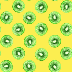 Kiwi slices seamless pattern. Kiwi on a yellow background.Watercolor illustration.Summer background. Design for fabric, textile, paper.