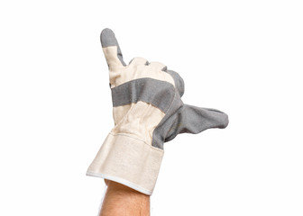 Worker showing action gesture. Male hand wearing working glove, isolated on white background.