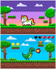 Obraz na płótnie Canvas Unicorn and dinosaur characters vector, pixel game with players and icons, health life points, treasure in casket, coins points for score 8 bit graphics, pixelated app games animals