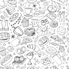 Vector background with breakfast, lunch, coffee, pizza, snacks. Useful for packaging, menu design and interior decoration. Hand drawn doodles.  Seamless pattern of food elements on white background.