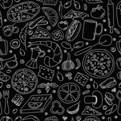 Vector background with breakfast, lunch, coffee, pizza, snacks. Useful for packaging, menu design and interior decoration. Hand drawn doodles.  Seamless pattern of food elements on black background.