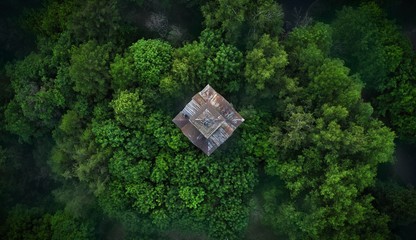 Tower in the deep forest - aerial view
