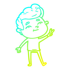 cold gradient line drawing happy cartoon man giving a peace sign