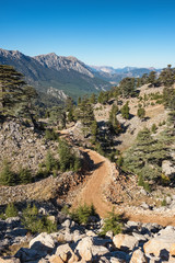 Mountain landscape of the Lycian way trail near Mount Olympos or Tahtali near Antalya, Turkey