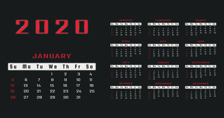 Annual calendar 2020 year vector template design on black background with red text. Basic grid layout. Week starts on Sunday. Business planner, organizer