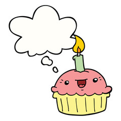 cartoon cupcake with candle and thought bubble
